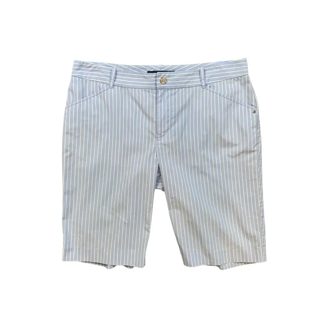 Ralph Lauren Golf Shorts Womens 8 Blue White Cotton Blend Striped Bermuda ZipFly - Picture 1 of 9
